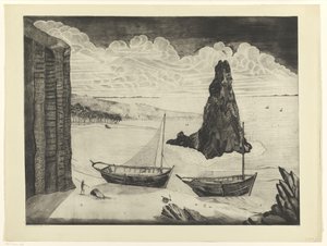 Två förtöjda fartyg på en strand Le Rocher (originaltitel) av Lodewijk Schelfhout (signed by artist)