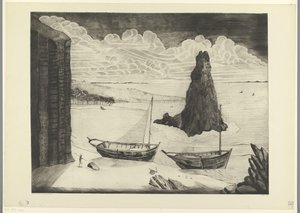 Två förtöjda fartyg på en strand Le Rocher (originaltitel) av Lodewijk Schelfhout (signed by artist)