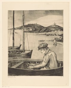 Fiskare i ett förtöjt fartyg Le Pecheur (originaltitel) av Lodewijk Schelfhout (signed by artist)