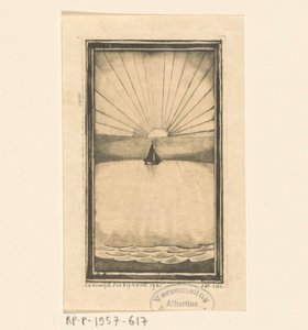 Segelfartyg till havs vid stigande eller nedgående sol av Lodewijk Schelfhout (signed by artist)
