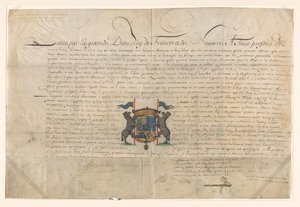 Diplom där Ludvig XIV upphöjde Cornelis Lampsins till baron av Tobago och riddare av St. Michels orden av Lodewijk XIV (koning van Frankrijk) (signed by artist)