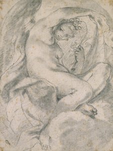 En nymf (flora) bland moln (svart krita med stubbe på benvitt papper) av Lodovico Carracci