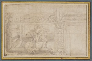 Ignudo, efter en takfresk i Sala di Ulisse, Palazzo Poggi, Bologna av Lodovico Carracci