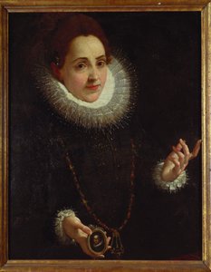 Porträtt av en dam som håller en porträttminiatyr av en gentleman av Lodovico Carracci
