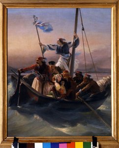 Greker på ett skepp Allegory of Grekland som marscherar mot självständighet efter den osmanska dominansen och det grekiska frihetskriget (1821-1830) eller den grekiska revolutionen. Målning av Ludovico Lipparini (1800-1856) 1848 Verone av Lodovico Lipparini