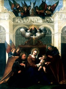 "Helig familj med Sankt Nikolaus av Tolentino", 1515-1530 av Lodovico Mazzolini