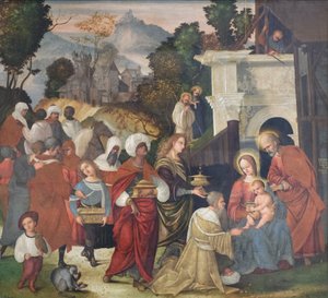 Tillbedjan av Magi med Saints Bernard och Alderic i landskapet