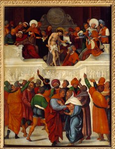 Ecce gay (Här är mannen) (uttryck som används av Pontius Pilatus (Pontius Pilatius) i översättningen av Vulgata av Johannesevangeliet (19:5) när han presenterar Jesus för den slagna skaran och törnekronan). Trämålning av Ludovico Mazzolino (ca. 1480-runt