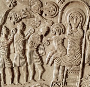 Medeltidens arkeologi (medeltiden). Barbarisk konst i Lombardiet: tillbedjan av männen, lågrelief av hertig Rachis altare. Skulptur, lombardisk konst, 737-744. Cividale del Friuli, Chretien Museum, katedralens skatt