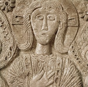 Medeltidens arkeologi (medeltiden). Barbarkonst i Lombardiet: detalj av Kristus, lågrelief av hertig Rachis altare. Skulptur, lombardisk konst, 737-744. Cividale del Friuli, Chretien Museum, katedralens skatt