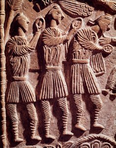 Lombardkonst: de vise kungarna, lågrelief från hertig Rachis altare - Skulptur, Lombardisk konst, 737-744 - Cividale del Friuli, Chretien-museet, katedralens skatt