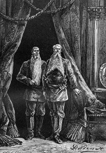 Teckning av Leon Benett, från Jules Vernes bok "The 500 million of the Begum" - utgåva Hetzel/Extraordinary Voyages 1879. Arminius och Sigimer, två imponerande skäggiga personer.