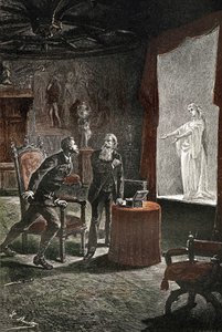 Illustration till Jules Vernes roman "Le chateau des Carpathes", edition Hetzel/Voyages extraordinaire, skriven mellan 1884 och 1889, utgiven 1892, teckning av Leon Benett. La Stilla, en sentida sångerska, dök upp i Franz de Telek, tack vare en anordning d