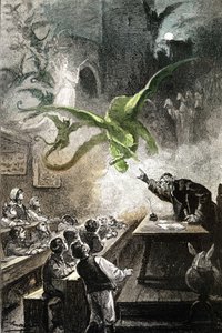 Illustration av Jules Vernes roman "Le chateau des Carpathes", edition Hetzel/Voyages extraordinaire 1892, teckning av Leon Benett. Magister Hermod framkallar slottet med drakar, avgifter, demoner, spektra, gengångare...
