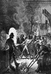 Teckning av Leon Benett, från Jules Vernes bok "Begums 500 miljoner" - utgåva Hetzel/Extraordinary Voyages 1879. Ett team av pudlare arbetar i ett stålgjuteri - gjutjärnsgöt kastas in i ugnen.