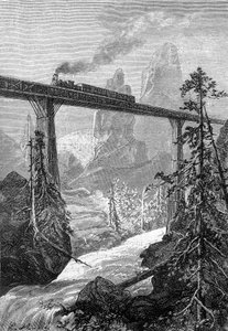 teckning av Leon Benett, från Jules Vernes bok "Begums 500 miljoner" - edition Hetzel/Extraordinary Voyages 1879. Ångtåg passerar över en djärv bro, i ett bergslandskap med fors. av Léon Benett