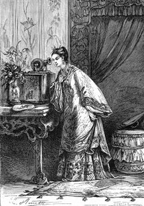 Teckning av Leon Benett, efter Jules Vernes bok "En kines vedermödor i Kina" - Hetzel edition/Extraordinary Voyages 1879. En ung kinesisk flicka lyssnar på ett inspelat meddelande på en fonograf.
