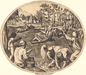 Fiske Scen av Léon Davent after Francesco Primaticcio