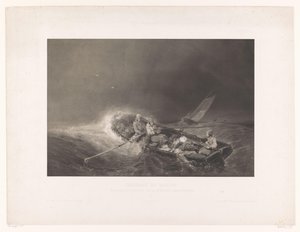 Vissers in een roeiboot op zee Marine gezichten (serietitel) Marinmålningar. Litografi i mezzotint av L. Sabatier efter Eug. Isabey (serietitel på objekt) av Léon Jean Baptiste Sabatier