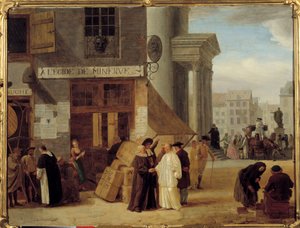 På Egide de Minerve, en bokhandel i Liege, Belgien som sålde böcker som var förbjudna av makten eller av kyrkan. Joseph II:s toleranspolitik (1741-1790) gynnade uppslagsverk. Målning av Leonard Defrance (eller De France) (1735-1806) 1700-talets Dijon