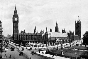 Houses of Parliament och Westminster Hall sett från Parliament Square, London, c1905. av London Stereoscopic and Photographic Co