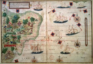 Hydrografisk karta över Brasilien - Manuskript belyst "" Portugisisk Nautical Atlas"" av kartografen Loppo Homem 1519 Paris. B.N. - Hydrografisk karta över Brasilien - Från det upplysta manuskriptet "" English nautical Atlas"" av Loppo Homem (1500-talet) av Lopo Homem