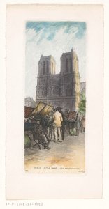 Utsikt över Notre-Dame i Paris med bokhandlare i förgrunden Paris Notre Dame les bouquinistes (titel på objektet) av Léopold Robin