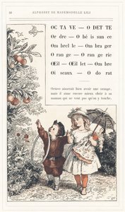 Octave, Odette, Order, Obedience, Umbrella, Shadow, Orange, Orangerie, Eye, Carnation, Shadow, Birds, Smell, sidan 28 - Mademoiselle Lilis alfabet, av L. Froelich och av en pappa (Hetzel själv). Bibliotheque  Magasin d