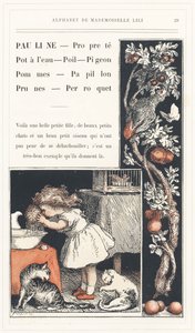 Pauline, ren, vattenkanna, hår, duva, äpplen, fjäril, plommon, papegoja, sidan 29 - Alfabetet av Mademoiselle Lili, av L. Froelich och av en pappa (Hetzel själv). Bibliotheque  Magasin d