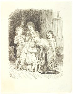 En mamma som står på knä och samlar en grupp barn runt sig av Lorenz Frølich