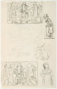 Sju utkast, bl.a. till H.C. Andersens Hurtiglöperne, Snigeln och rosenhäcken och Anne Lisbeth av Lorenz Frølich