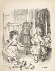 Tre små flickor i ett rum som argumenterar och spottar, 1835-1903.