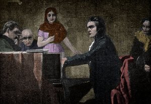 Ludwig van Beethoven spelar Moonlight-sonaten - gravyr efter Lorenz Vogel - Ludwig van Beethoven (1770-1827), tysk musiker, spelar sonaten i UT-moll (Moonlight - Moonlight) efter målningen av Lorenz Vogel (1846-1902) av Lorenz Vogel