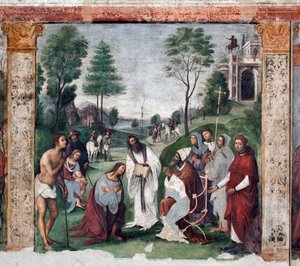 Life of St. Cecile: Urban I inbjuder Valerian att konvertera (fresk av Lorenzo Costa