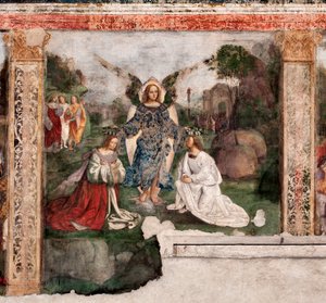 St. Cecilias liv: helgonet och St Valerianus krönt av en ängel (fresko av Lorenzo Costa