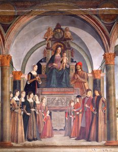 Madonna och barn med änglar, av Lorenzo Costa (ca 1537-1583), Bentivoglio kapell i kyrkan San Giacomo Maggiore, Bologna, Italien av Lorenzo Costa