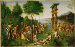 Merkurius bekämpar lasterna i Olympus ... av Lorenzo Costa
