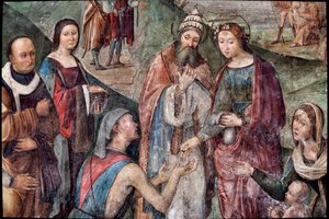 Saint Cecilia ger sina ägodelar till de fattiga, detalj (fresk av Lorenzo Costa