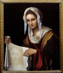 Sankta Veronica. Den heliga slöjan representerar Kristi ansikte vars svett Veronique sades ha varit svettig under stigningen till Golgata. Målning av Lorenzo Costa (1460-1535) Sön. 0,64x0,54 m