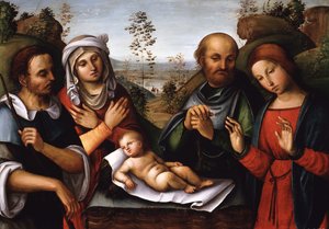 Jesusbarnets tillbedjan (olja på trä) av Lorenzo Costa