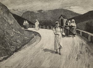 På helig väg, kvinnlig pilgrim som går längs en stig, Brera, United Expositions, Milano, Italien, gravyr av F Cantagalli efter målning av Lorenzo Delleani (1840-1908) från L
