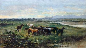 Vilda hästar, ca 1870, av Lorenzo Gelati (1824-1893), olja på duk överförd på panel, 21x37 cm av Lorenzo Gelati