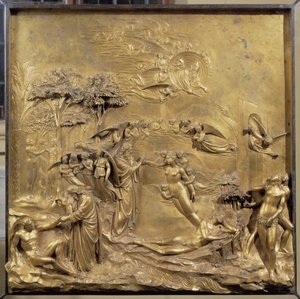 Historien om Adams liv: Adams födelse, Evas skapelse och Adam och Eva jagar från paradiset. Originalpanel på Paradisets dörr av Lorenzo Ghiberti