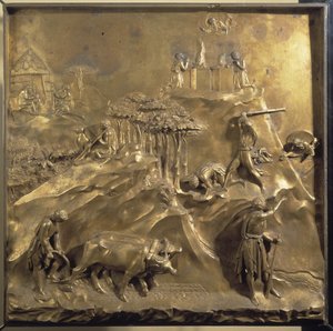 Kains och Abels liv: offret, mordet på Abel och Gud som förvisar Kain. Original panel av Paradisets dörr av Lorenzo Ghiberti