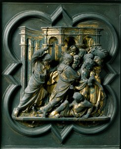 Norra porten (kallas korsporten, i norr), exteriör detalj: "" Jesus jagar köpmän från templet""" Bronsskulptur gjord av Lorenzo Ghiberti (1378-1455) av Lorenzo Ghiberti