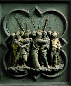 Norra porten (kallad Korsets port, i norr), exteriördetalj: "" Judas kyss "" Bronsskulptur gjord av Lorenzo Ghiberti (1378-1455) av Lorenzo Ghiberti