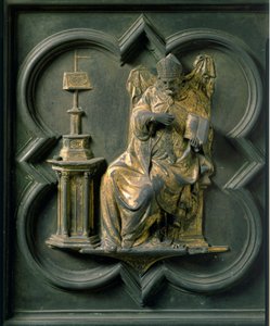 Norra porten (kallad korsporten, mot norr), exteriördetalj: Saint Augustine. Bronsskulptur gjord av Lorenzo Ghiberti (1378-1455) av Lorenzo Ghiberti