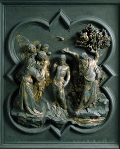 North Porte (kallad Gate of the Cross, i norr), exteriör detalj: "" Kristi dop"" Bronsskulptur gjord av Lorenzo Ghiberti (1378-1455) av Lorenzo Ghiberti