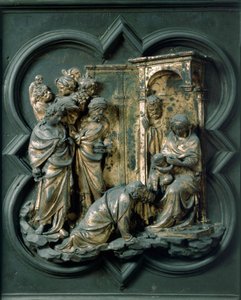 North Porte (kallad Gate of the Cross, till norr), exteriör detalj: Adoration of the Magi. Bronsskulptur gjord av Lorenzo Ghiberti (1378-1455) av Lorenzo Ghiberti