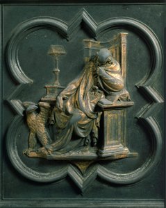 North Porte (kallad Gate of the Cross, mot norr), exteriör detalj: Saint John Evangelist. Bronsskulptur gjord av Lorenzo Ghiberti (1378-1455) av Lorenzo Ghiberti